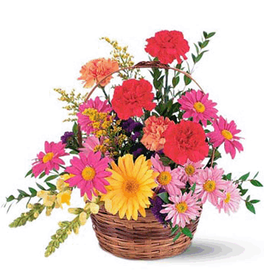 Exotic arrangement of pink roses, Carnations and other flowers