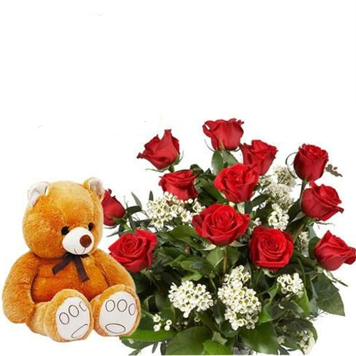 12 Roses in a Basket with Teddy