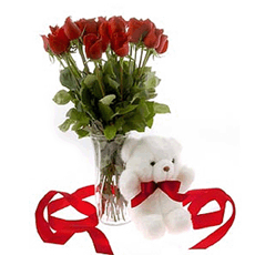 15 Red Roses with vase and a cuddly Teddy Bear