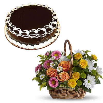 Basket of Flowers with Cake