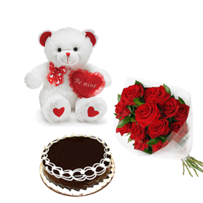  6 Teddy with 10 Roses and Chocolates Cake 