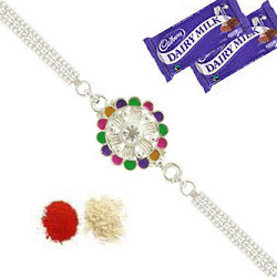 Silver rakhi with chocolates