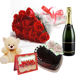send heartshape cake and red roses bunch