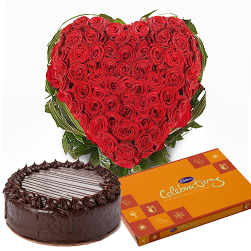 send heartshape cake and red roses bunch